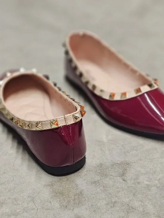 Studded Burgundy Patent Leather Flats With Pointed Toe & Quilted Insole - Picture 8 of 12